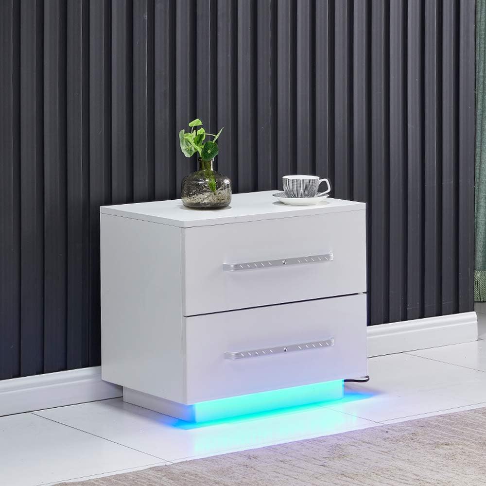 White High Gloss Bedside Table with 2 Storage Drawers and LED Lights P388