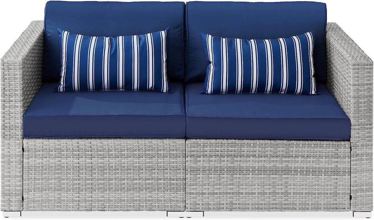 Modular Wicker Loveseat Sofa with 2 Accent Pillows, Gray/Navy B966
