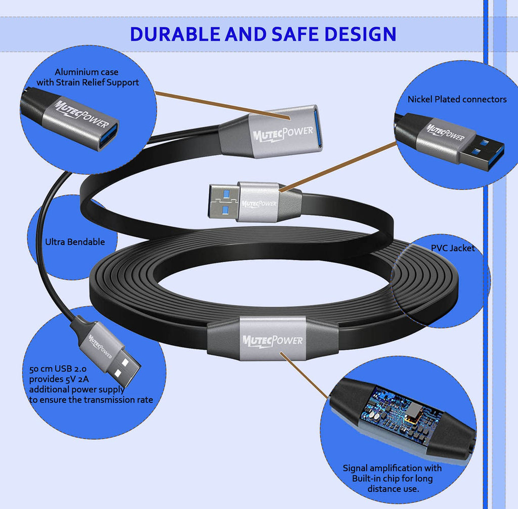 Black 50 Feet Active USB 3.0 Male to Female Extension Cable with 2 Boosters C979519