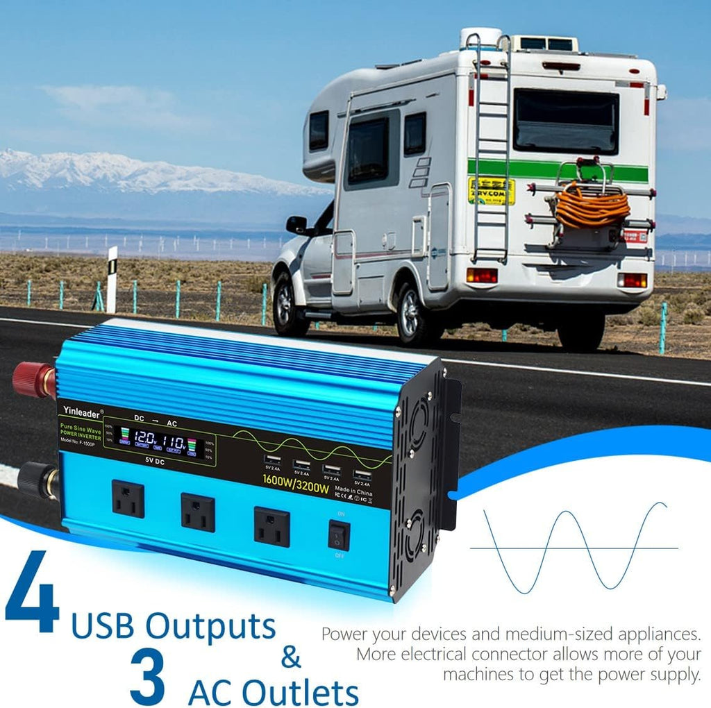 1600W Pure Sine Wave Power Inverter 12V to 110V with Wireless Remote Controller, LCD Display, 3 AC Outlets and 4 Fast Charge USB Ports M506644