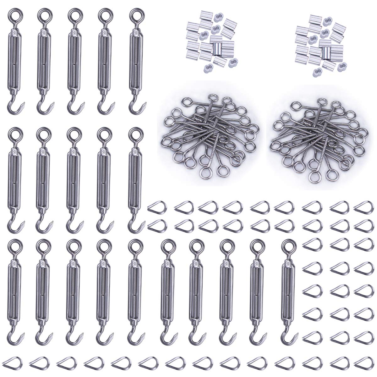 Cable Railing Kit M5 Hook & Eye Turnbuckle Wire Rope Tension M6 Stainless Steel Eyes Screw M3 Aluminum Crimping Loop M3 Stainless Steel Thimble NK08 Pack of 2 I744049