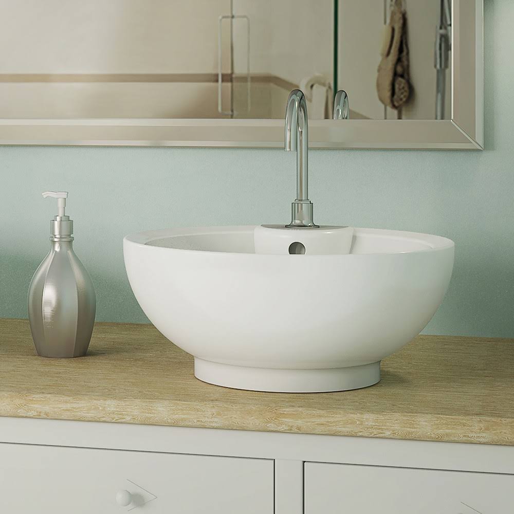 White Vessel Round Bathroom Sink with Overflow U174169