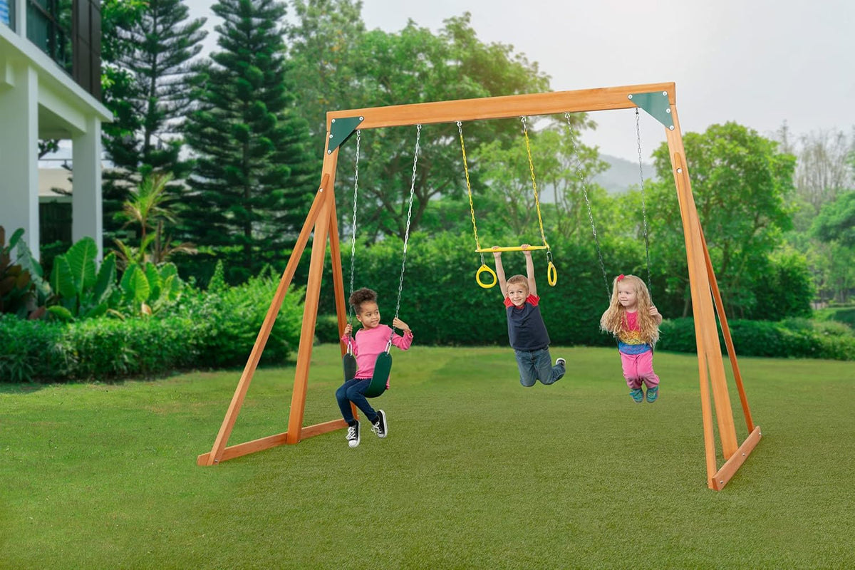 Cedar Wooden Backyard Swing Set with 2 Swings & 1 Trapeze N31289