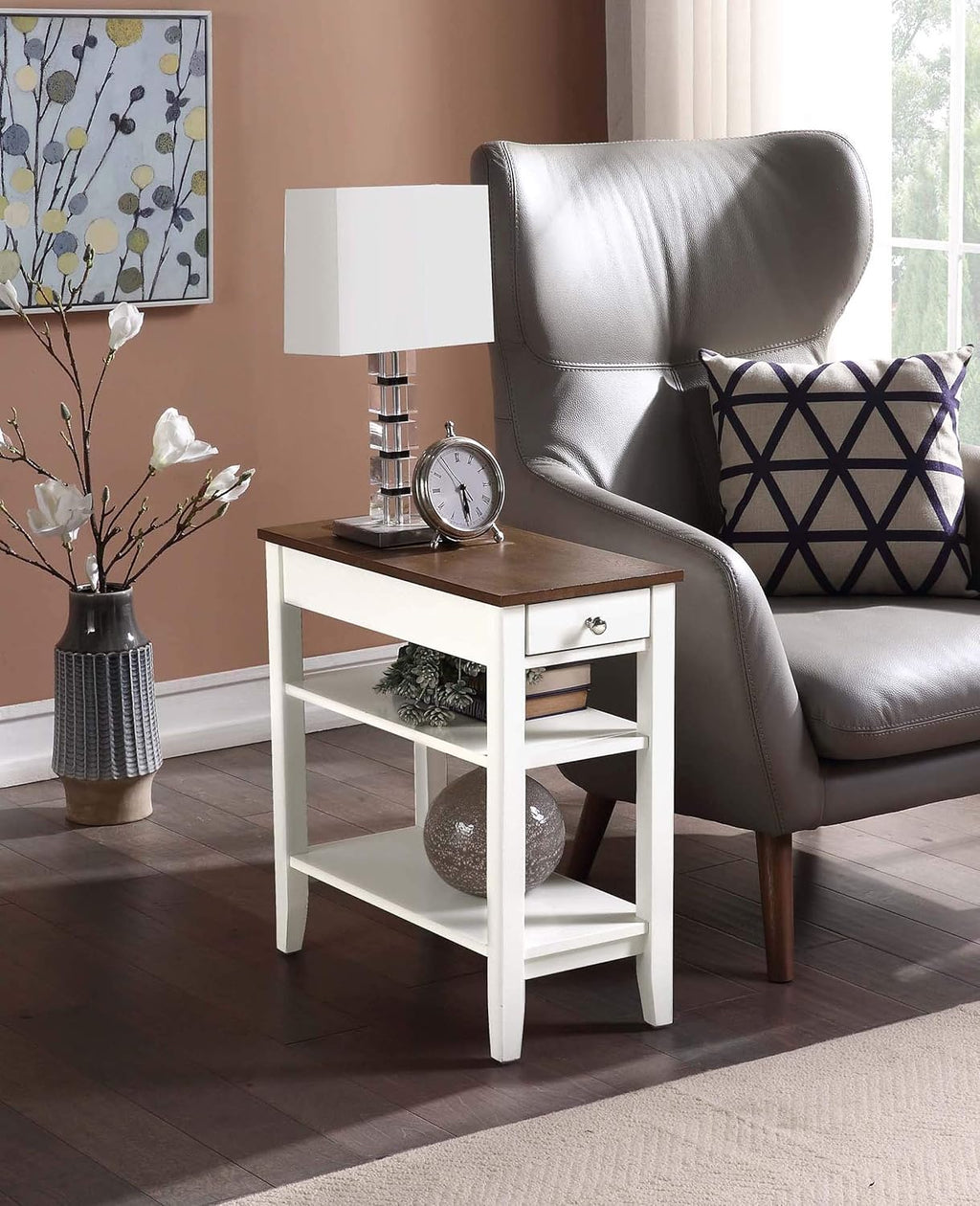 Three Tier End Table With Drawer, Driftwood / White R623483