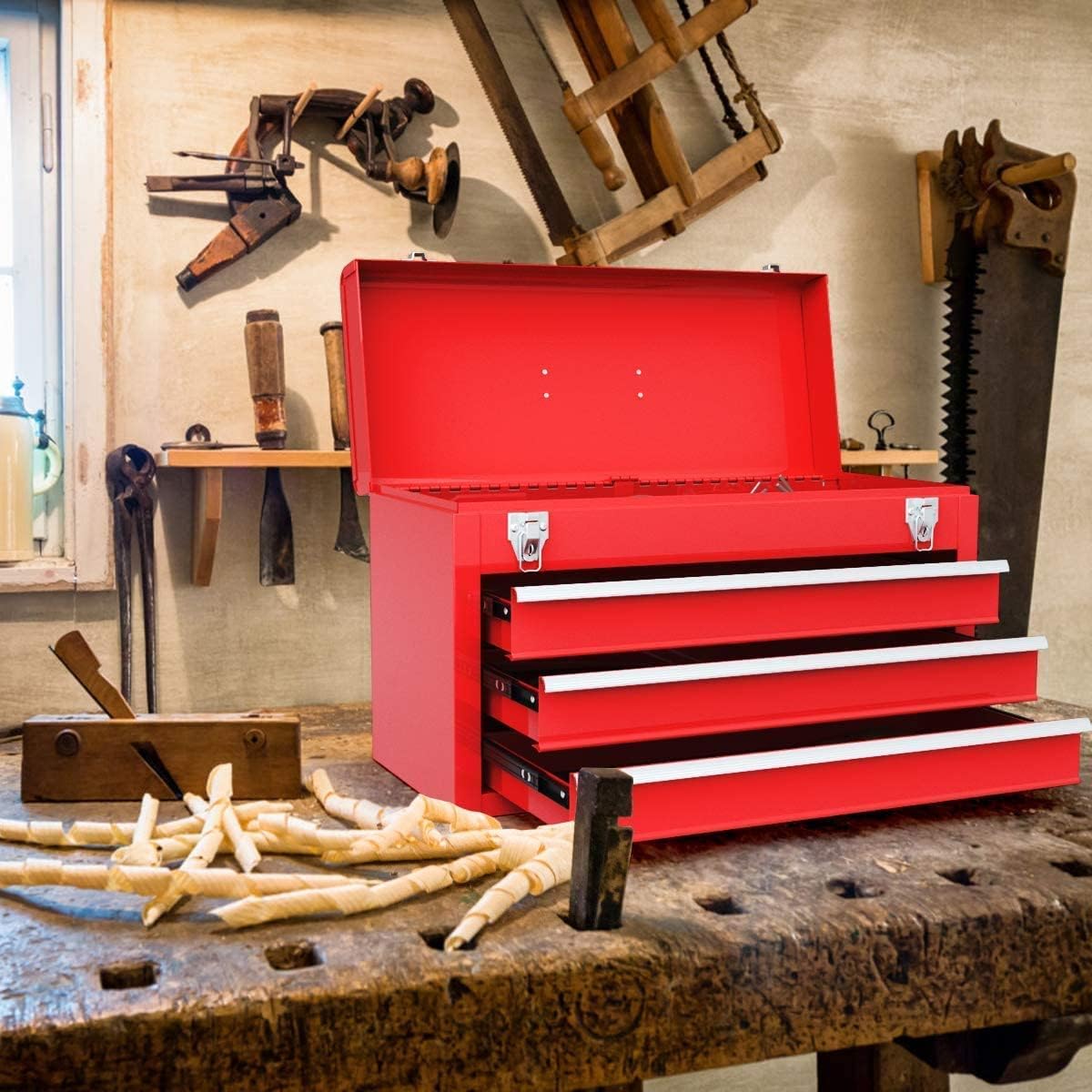 Red 3 Drawer Lockable Steel Tool Chest Cabinet with Top Tray G723