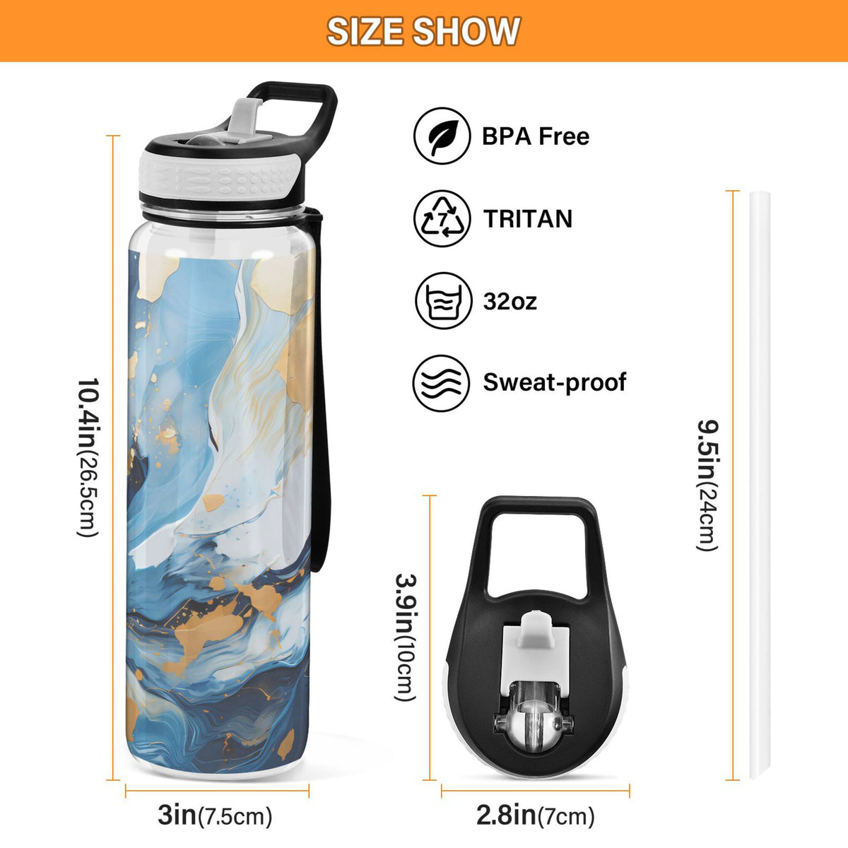 Marble Blue and Gold 32oz Tritan Leakproof Water Bottle with Straw F889