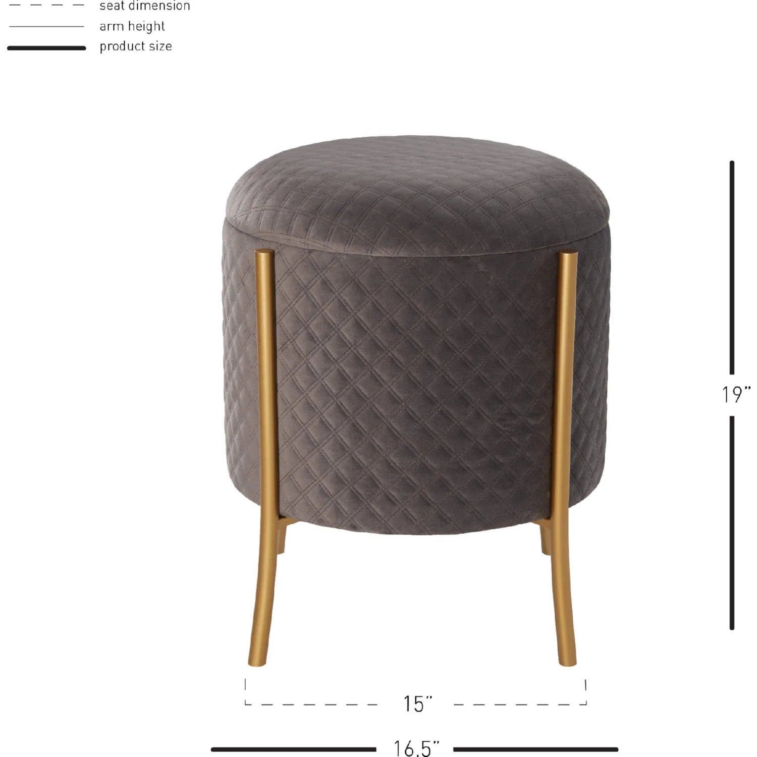 Gray Quilted Velvet Round Storage Ottoman B797