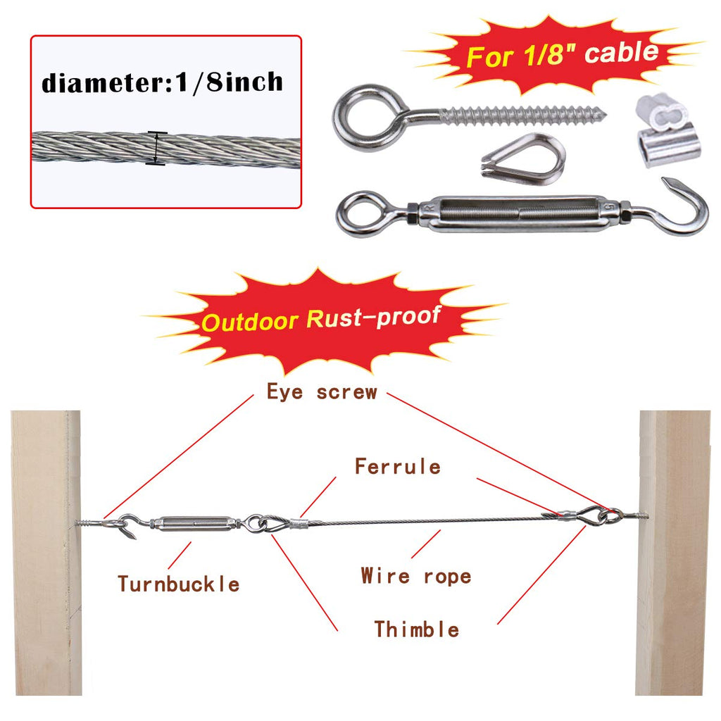 Cable Railing Kit M5 Hook & Eye Turnbuckle Wire Rope Tension M6 Stainless Steel Eyes Screw M3 Aluminum Crimping Loop M3 Stainless Steel Thimble NK08 Pack of 2 I744049