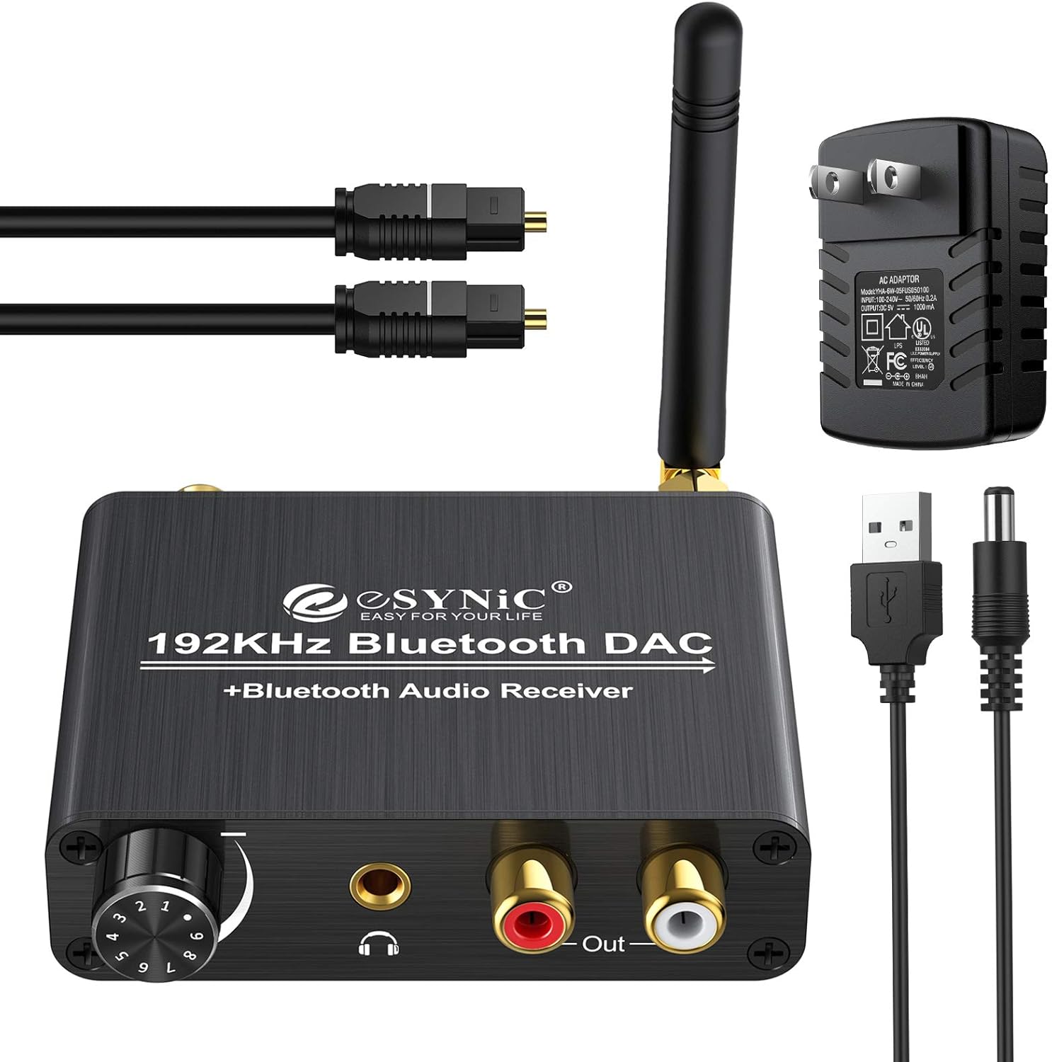 192kHz DAC Digital to Analog Audio Converter with Bluetooth 5.0 Receiver Volume Control Optical Coaxial Toslink RCA 3.5mm J200
