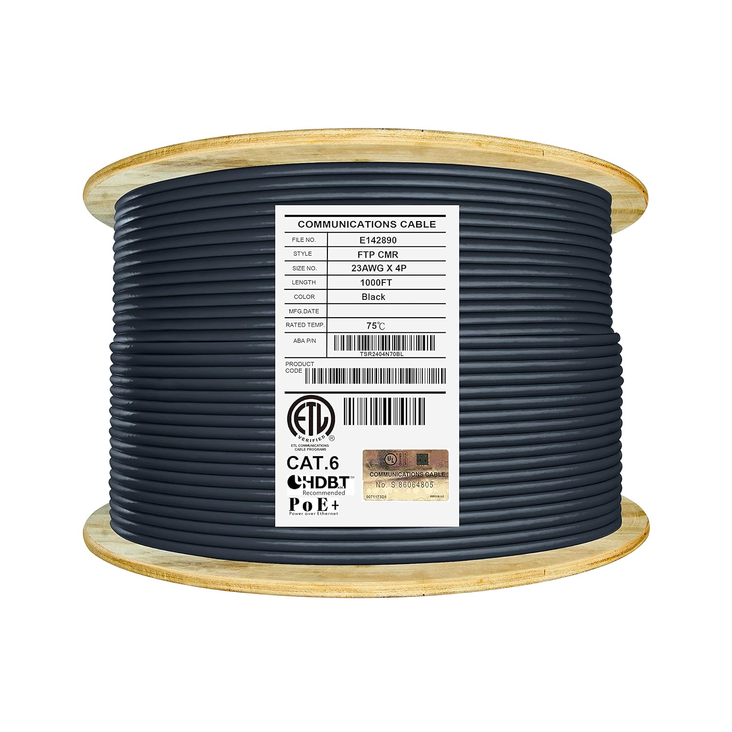 Bulk Ethernet Cable Reel, Cat6 Shielded Riser, 1000ft, F/UTP 23AWG, Solid Bare Copper, Grey C1289